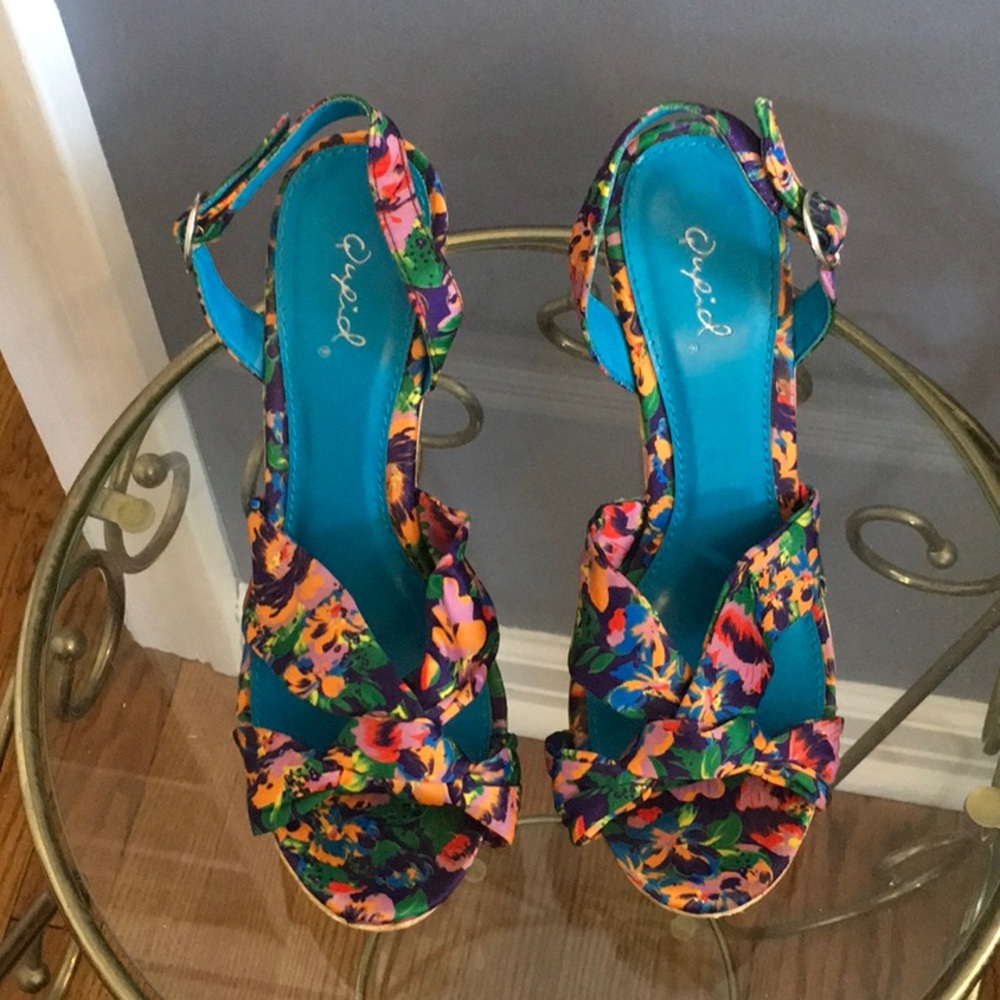 Qupid Floral Print Wedge Sandals.